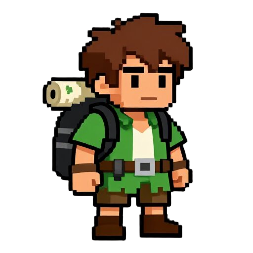crie um personagem para um jogo rpg em pixel, aventureiro, cabelo bagunçado, roupa com detalhes verde,mochila preta e mapa enrolado nas costas,