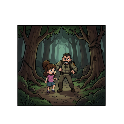 quero uma imagem pro game de terror q o pai tenta achar a filha 5 capitulos um floresta dois trilha assombrada