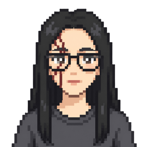 girl with long, straight, black hair, pale skin, glasses and a scar across her right eye
