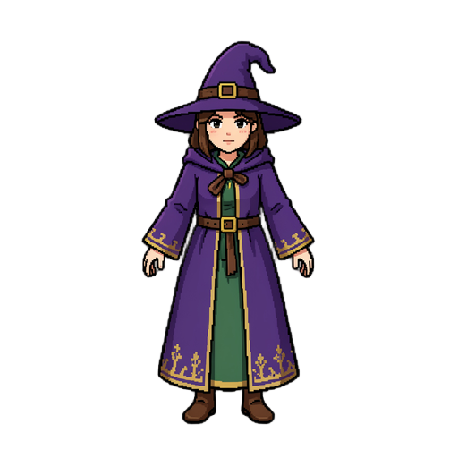 make a female wizard  type topdown 16bits old game 80 years