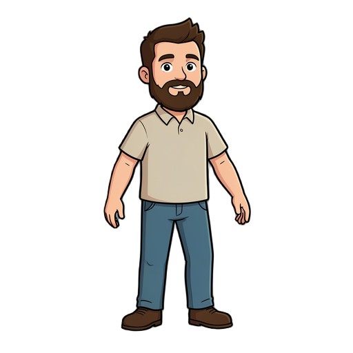 quero um personagem pro meu jogo 2d, um homem com barba com roupas simples que se mova para cima, baixo, direito e esquerdo