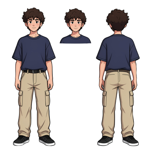 generate a character reference sheet for a 2d beat'em up video game,  in the style of my previous character (same young teenage boy,  messy curly dark brown hair, oversized navy t-shirt, loose beige  cargo pants with side pocket, black sneakers with white