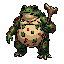 giant anthropomorphic toad with female torso, covered in rotting leaves and toxic warts, bone staff