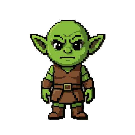 create a 64x64 pixel art character sprite for a top-down action rpg (similar to zelda: minish cap, core keeper, or chrono trigger).  character: - a small goblin warrior. - cute but mischievous, not scary. - large head and small body (chibi proportions). -