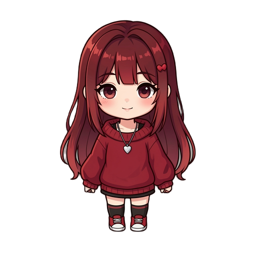 create a cute desktop companion inspired by the cozy and adorable style of games like slime rancher and chibi anime mascots, but fully human and elegant. the character is named vitória. she has long dark red hair with soft gradients, straight bangs, pale 