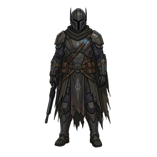 create an original dark sci-fi warrior character inspired by mysterious futuristic hunters, without copying existing franchise designs.  theme: dark medieval sci-fi, wandering void hunter, blending advanced technology with ancient battle-worn armor.  main