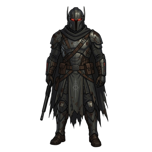 create an original dark sci-fi warrior character inspired by mysterious futuristic hunters, without copying existing franchise designs.  theme: dark medieval sci-fi, wandering void hunter, blending advanced technology with ancient battle-worn armor.  main