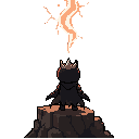 use the same character. black body, glowing red eyes, broken silver crown, dark cape, chibi dark fantasy style. do not change design.  the character is seen from behind, standing still on the edge of a ruined cliff.  they are looking up at a huge glowing 