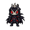 use the uploaded character as the exact main protagonist reference. keep the exact same design, same black body, glowing red eyes, broken silver crown, dark cape, chibi dark fantasy creature appearance. do not create a new character or change the art styl