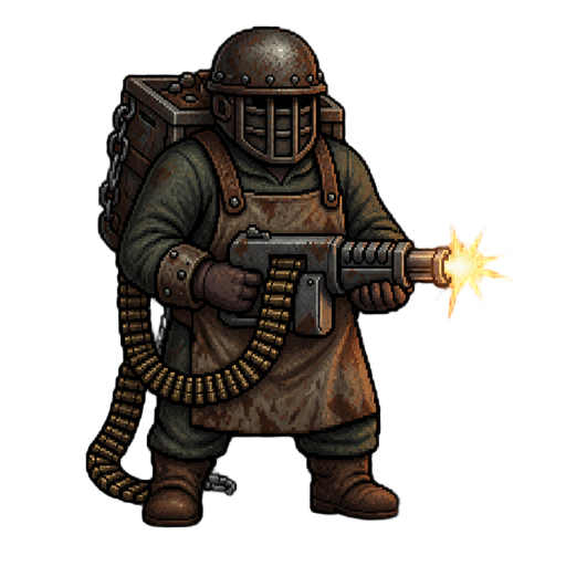 a grim, pixel-art rivet manic wearing a face-concealing mask, rusted helmet, and oil-stained apron, bracing a sparking, makeshift machine gun fed by a bulky ammo belt from a chain-strapped iron backpack.