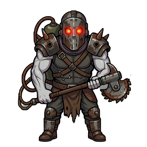 the character features a detailed cyber-mutant executioner design. his metal helmet mask has an aged corroded grey-brown texture with a rusted dark brown finish, and circular hockets with two terrifyingly bright glowing red and orange-red eyes. his skin o