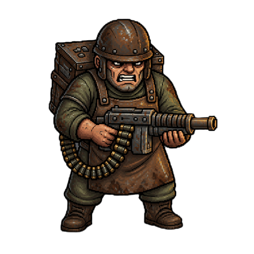 a grim, pixel-art rivet manic wearing a rusted helmet and oil-stained apron, bracing a sparking, makeshift machine gun fed by a bulky ammo belt from a chain-strapped iron backpack.