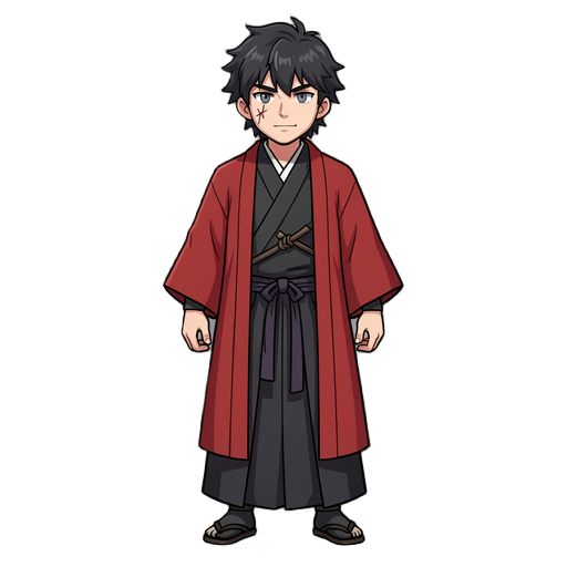 a samurai with a long red haori, with messy medium black hair. his kimono underneath his haori is black and he wears hakama pants. his eyes are gray and he has a scar on his nose