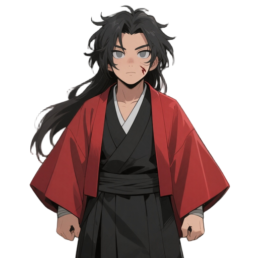 a samurai with a long red haori, with messy medium black hair. his kimono underneath his haori is black and he wears hakama pants. his eyes are gray and he has a scar on his nose