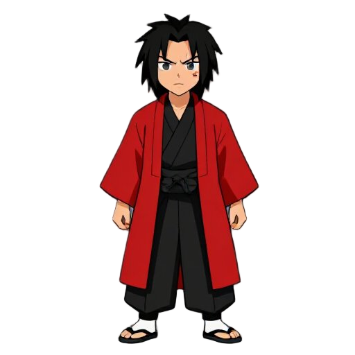 a samurai with a long red haori, with messy medium black hair. his kimono underneath his haori is black and he wears hakama pants. his eyes are gray and he has a scar on his nose