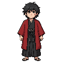 a samurai with a long red haori, with messy medium black hair. his kimono underneath his haori is black and he wears hakama pants. his eyes are gray and he has a scar on his nose