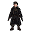 hunter character for a 2d platform game, 32x47 pixels per frame, dark fantasy style inspired by castlevania and bloodborne, male character with pale skin, messy dark hair, short beard, glowing red eyes, long black trench coat with subtle gold details, bla