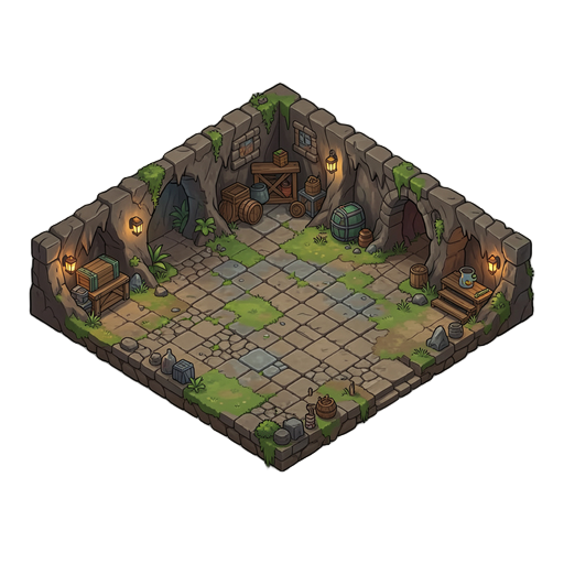 gere para mim um "pack" de sprites de cenário isometrico. eu quero um tilemap de uma caverna, quero chão e variações, parede e elementos para cenário, quero que seja em um estilo mais de "rpg de aventura", não quero nada cartoon ou "fofo", mas também n qu