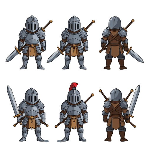 armored warriors wearing steel helmets, and large swords, create sprites sheet