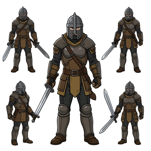 armored warriors wearing steel helmets, and large swords, create sprites sheet