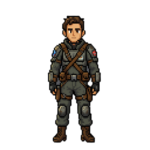 space explorer in worn tactical suit, brown leather strap across chest, short hair, standing pose, front view, space outpost background, gritty sci-fi, dark atmosphere
