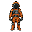astronaut in orange space suit, standing pose, front view, helmet with reflective visor, utility belt, space station corridor background, dark moody lighting, sci-fi