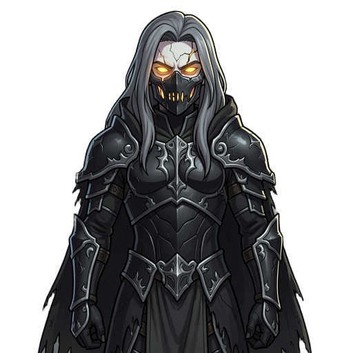 dark fantasy warrior named solen, pale skin, long ash gray hair, cracked glowing mask, black gothic armor, silver details, tattered cloak, standing in ruined foggy city, cinematic lighting, soulslike, ultra detailed, dark atmosphere