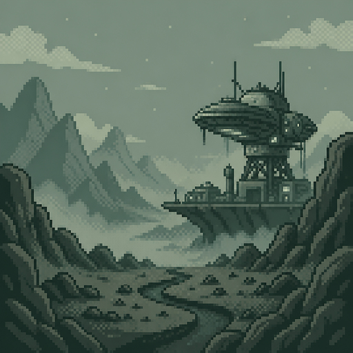 side view alien planet landscape, rocky terrain, abandoned space station in background, blue and teal cold atmosphere, distant mountains, fog, industrial sci-fi, platformer game scene, dark moody