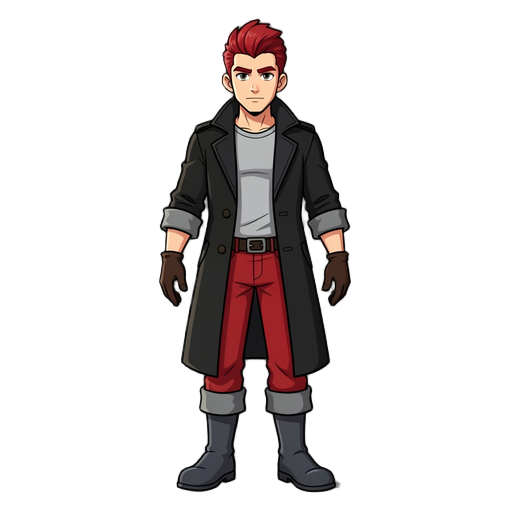 character with red pompadour-style hair, a black trench coat with sleeves rolled up to the elbows and open in the front, revealing a light gray shirt, red pants, dark gray boots, and dark brown gloves.