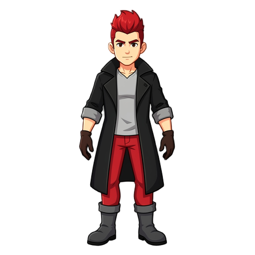 character with red pompadour-style hair, a black trench coat with sleeves rolled up to the elbows and open in the front, revealing a light gray shirt, red pants, dark gray boots, and dark brown gloves.