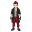 character with red pompadour-style hair, a black trench coat with sleeves rolled up to the elbows and open in the front, revealing a light gray shirt, red pants, dark gray boots, and dark brown gloves.