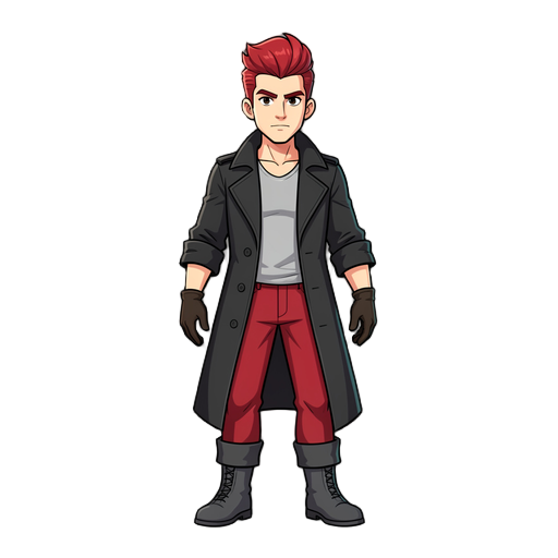 character with red pompadour-style hair, a black trench coat with sleeves rolled up to the elbows and open in the front, revealing a light gray shirt, red pants, dark gray boots, and dark brown gloves.