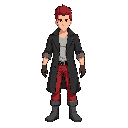 character with red pompadour-style hair, a black trench coat with sleeves rolled up to the elbows and open in the front, revealing a light gray shirt, red pants, dark gray boots, and dark brown gloves.