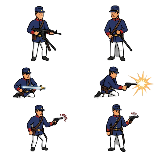 idle (4 quadros: respiração, fuzil apoiado)  andar (6 quadros, corpo inclinado para frente)  ataque corpo a corpo (sabre) (4 quadros: golpe horizontal com rastro claro)  ataque à distância (revólver) (3 quadros: sacar, apontar, clarão de boca), levando da