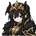 chibi, dark fantasy, gothic princess, black horns, gold crown, black fur cape, black and gold armor, sticker art, white border