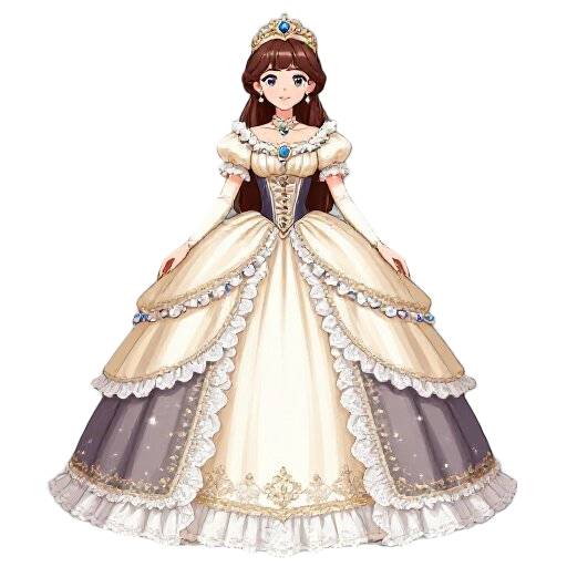 a full-body front view of a beautiful princess in korean romance fantasy webtoon style (otome isekai style). she wears an extravagant aristocratic ball gown with corset waist, layered silk skirts, lace, frills, gemstones, embroidery, and elegant royal det