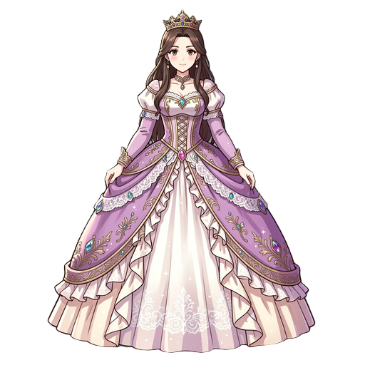 a full-body front view of a beautiful princess in korean romance fantasy webtoon style (otome isekai style). she wears an extravagant aristocratic ball gown with corset waist, layered silk skirts, lace, frills, gemstones, embroidery, and elegant royal det