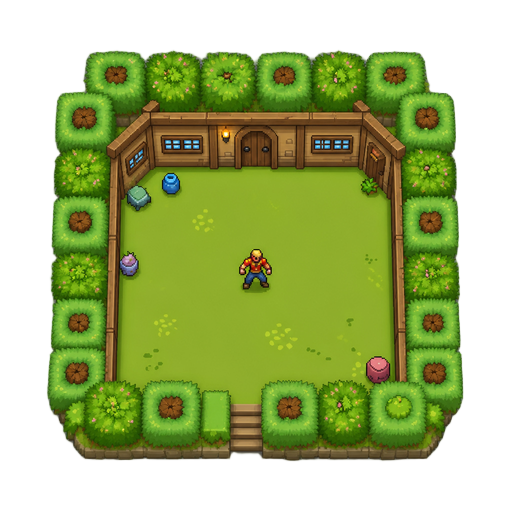 cria um mapa pixel arte que se veja o mapa por cima para um jogo de ação e luta (uma arena de formato de casa).