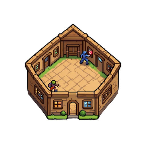cria um mapa pixel arte que se veja o mapa por cima para um jogo de ação e luta (uma arena de formato de casa).