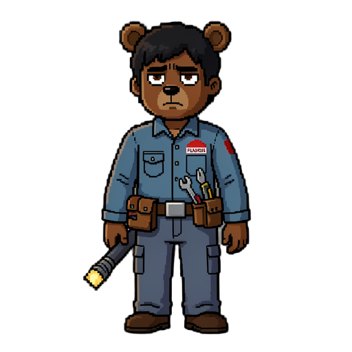 Faça o personagem principal do meu jogo de terror em pixel . ele e alto usa uma roupa de tecnico da empresa Fazbear. pele parda cabelo medio preto. olhos castanhos e um olhar cansado. ele tem um cinto de tecnico quem junto ele leva um tazer e uma lanterna