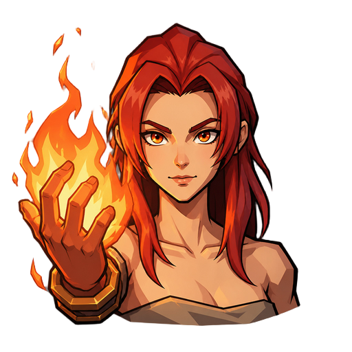 character, red hair, fiery hand, controls fire magic, thin body, fantasy style