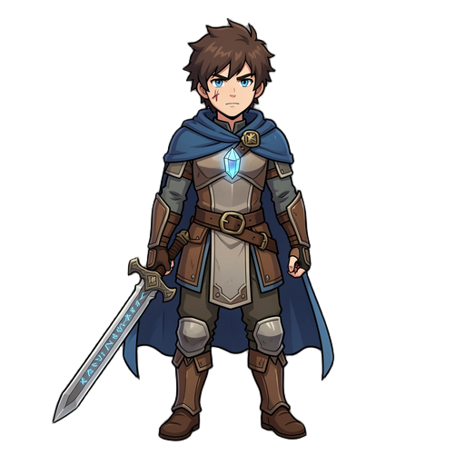 nome: kael função: espadachim / ressonante astral  visual:  jovem aventureiro cabelo castanho escuro bagunçado olhos azul-prateado capa curta azul armadura leve de couro espada antiga com runas cristal preso no peito expressão determinada cicatriz discret