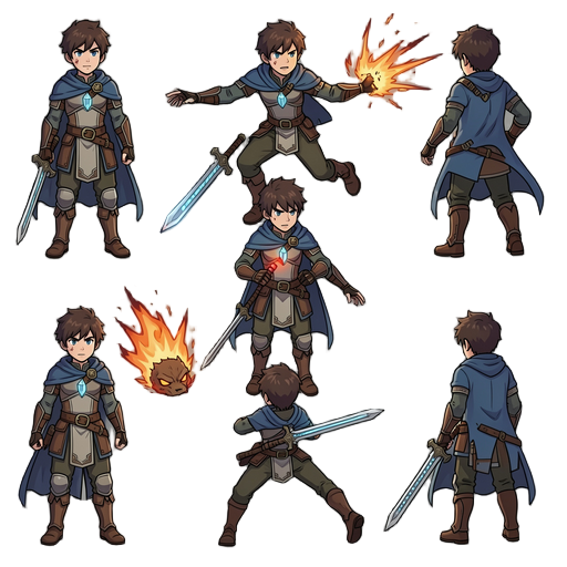 sprites:  idle walk 8 direções run attack combo skill cast damage death interact jump cutscene poses