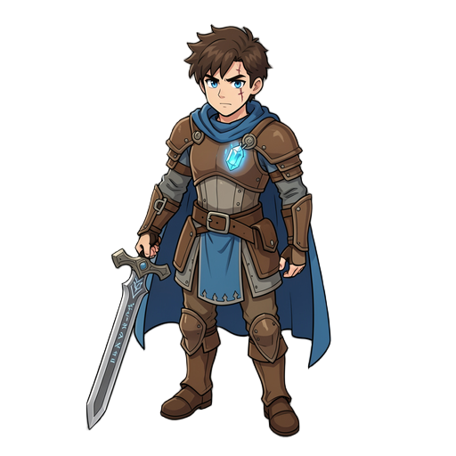 nome: kael função: espadachim / ressonante astral  visual:  jovem aventureiro cabelo castanho escuro bagunçado olhos azul-prateado capa curta azul armadura leve de couro espada antiga com runas cristal preso no peito expressão determinada cicatriz discret