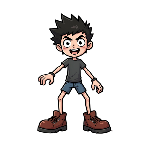 2d edgy cartoon character, thin limbs, big shoes, expressive pose, indie platformer style
