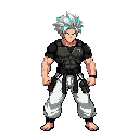 masterpiece, 8k, high-fidelity 2d illustration, full body shot. a powerful humanoid male martial artist in a tactical ready stance against a deep navy blue and ominous purple solid background. features: muscular build with elite definition, spiky silver h