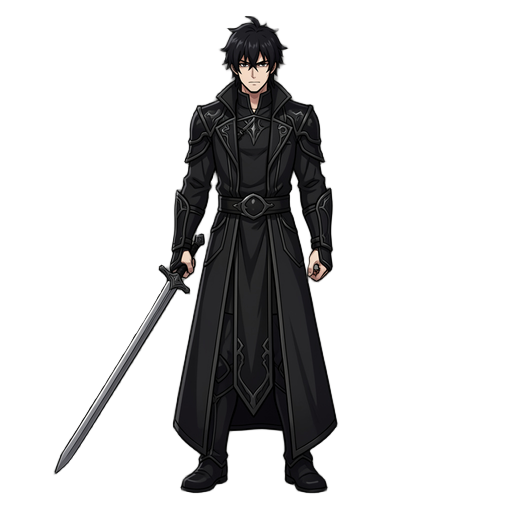 crie um protagonista masculino dark fantasy original. corpo magro e atlético, roupa preta longa com detalhes elegantes, cabelo preto bagunçado e expressão fria e misteriosa. aparência intimidadora, estilosa e poderosa, usando apenas uma espada simples. es