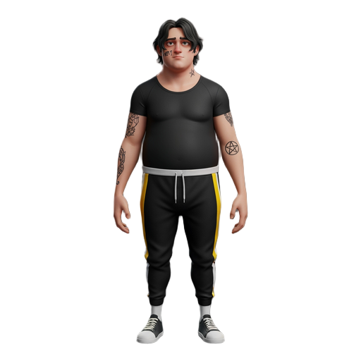 a tall, slightly overweight man with dark, straight, slightly wavy hair and tattoos on his arms: the word "art!" on one cheek and a small inverted pentagram on the other. his basic attire consists of black sweatpants styled with yellow and white details, 