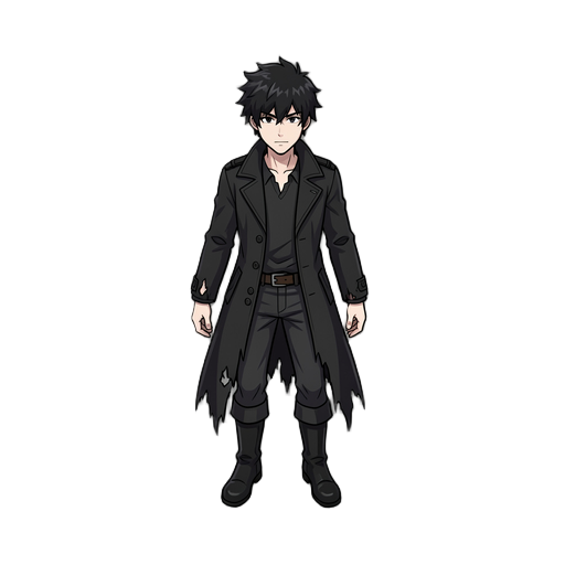 top-down dark fantasy rpg character sprite, messy black hair, slim male, long torn black coat, pale skin, black boots, floating broken half-clock with two hands, dark fragments, clean outline, transparent background.