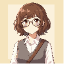 ute anime girl with short wavy brown hair, round glasses, soft smile, white shirt with gray vest, shoulder bag strap, clean anime illustration style, detailed hair shading, simple light background, warm colors,
